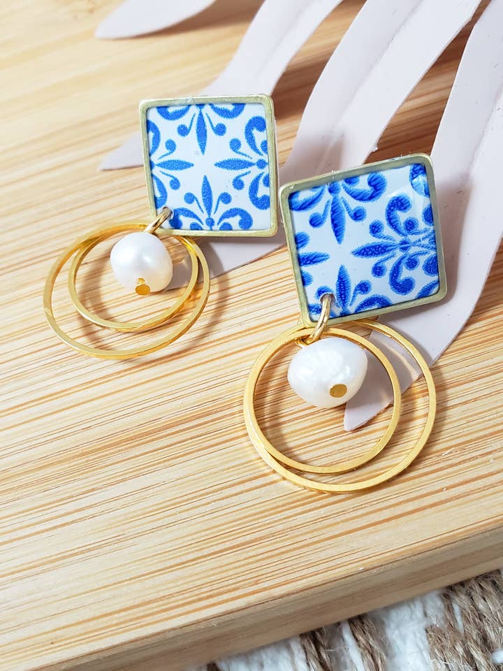 Spanish Tile Pearl Dangles for wholesale by Con Alma Handmade Goods