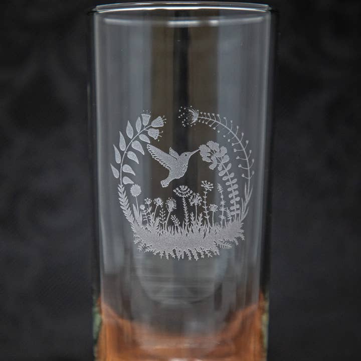 Hummingbird Floral Etched Drinkware Barware for wholesale by Gifts of Glass & Wear