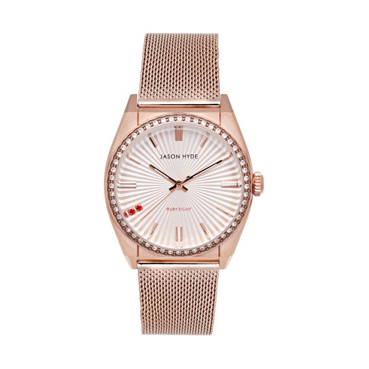 #RUBY -EIGHT | MONTRE 36 MM AVEC CADRAN BLANC ET BRACELET EN MAILLE pour la vente par JASON HYDE