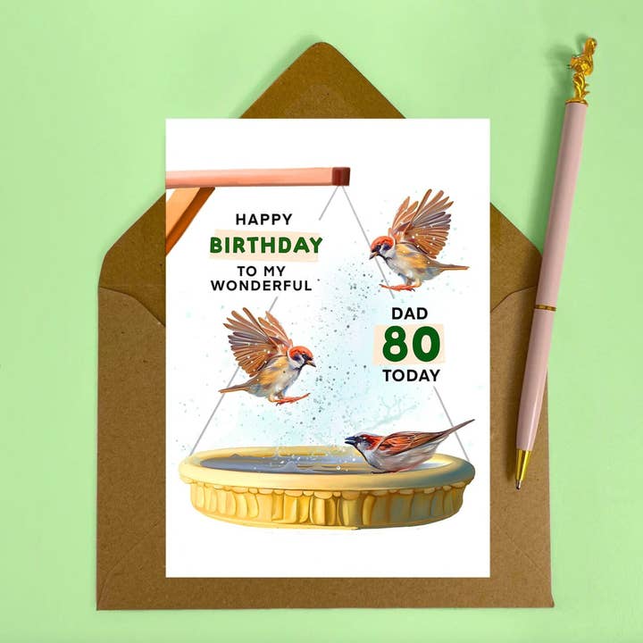 Grandad 80TH Birthday Garden Birds-kaart voor wholesale door Hot Dog Greetings