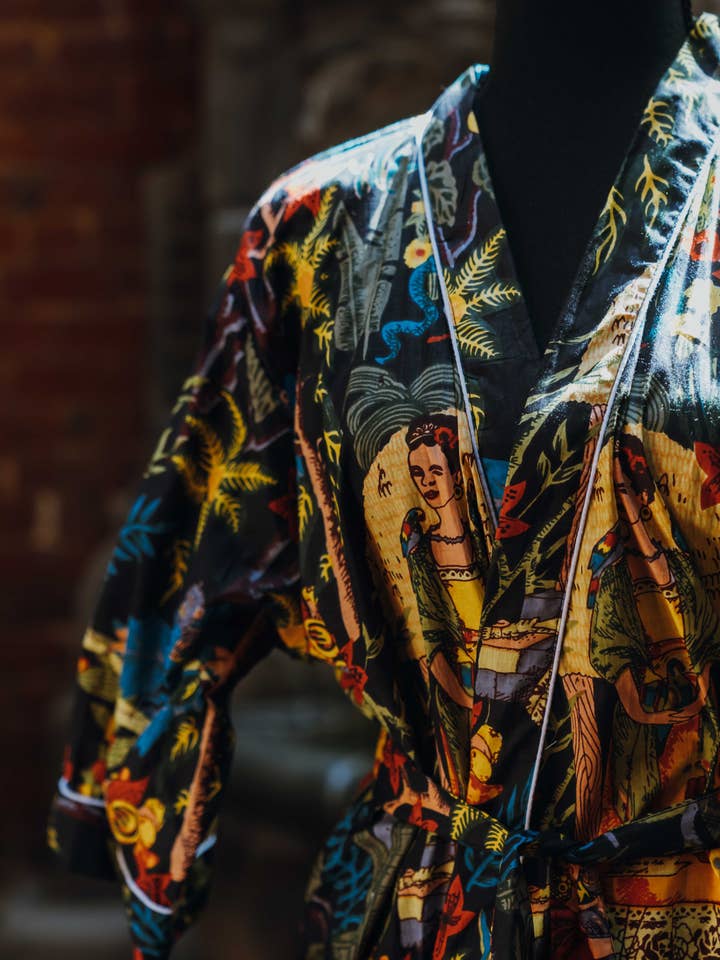 The Bazaar Rabbit - Wholesale Robe - Women's - Frida Kahlo Tropical on Black Kimono Robe