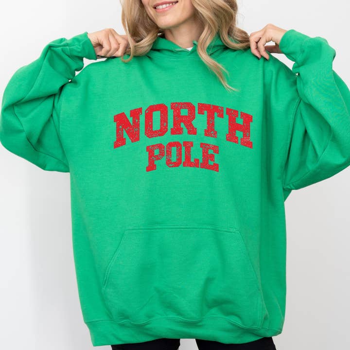 North Pole Varsity Arched Distressed Hoodie for wholesale by Olive And Ivory Wholesale