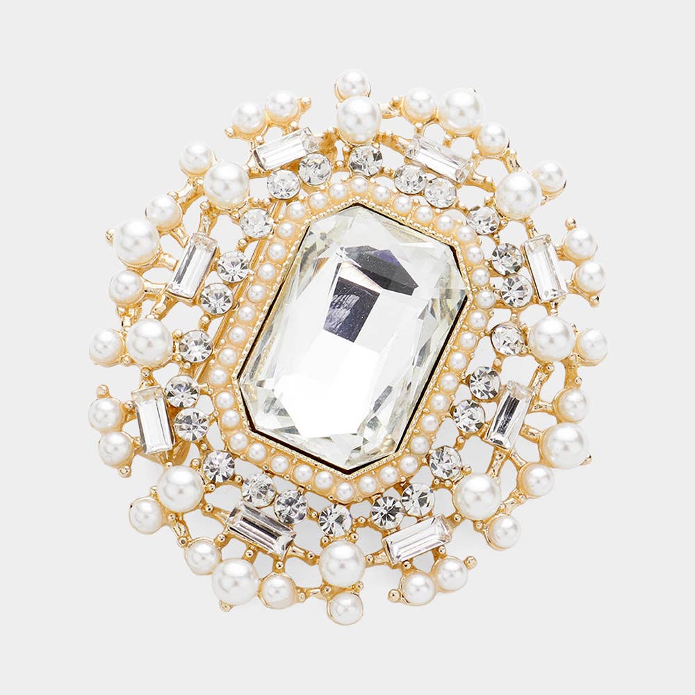 Sensibling Corp. - Wholesale Brooch - Rectangle Glass Stone Pointed Pearl Embellished Pin Brooch3