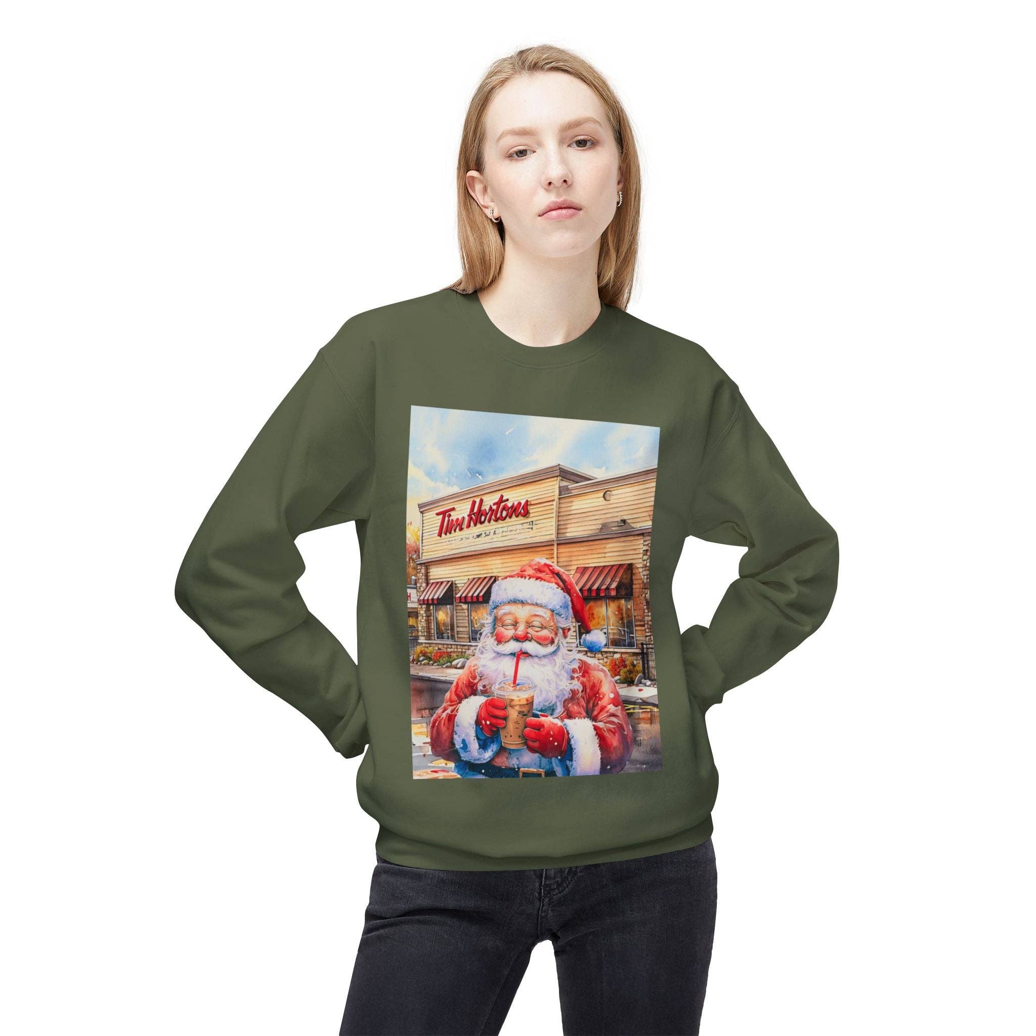 Buffalovely - Wholesale Graphic Sweatshirt - Women's - Santa with an Iced Coffee at Tim Horton's Cozy Unisex Christmas Crewneck Sweatshirt28