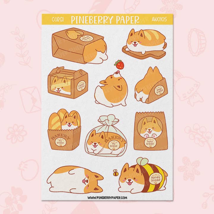 Corgi Bakery Sticker Sheet for wholesale by Pineberry Paper