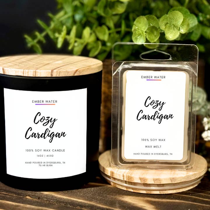 Ember Water - Wholesale Jar/Filled Candle - Cozy Cardigan 16 oz 100% Soy Candle  0