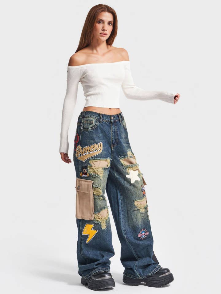 Nark Blue Women's low waist patchwork vintage wide leg jeans for wholesale on Faire1