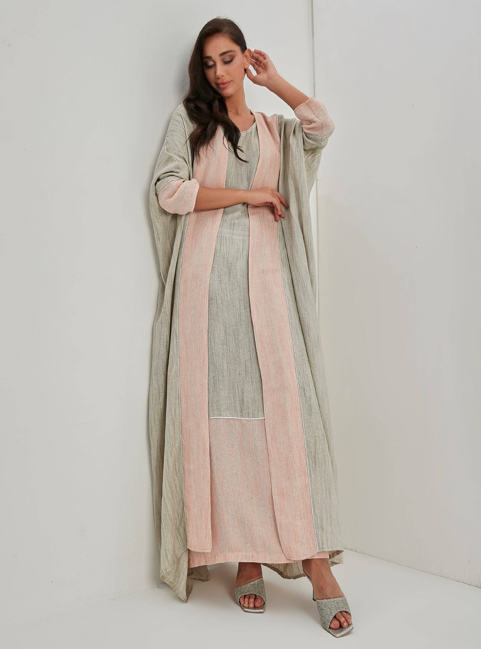 Store WF – wholesale Kaftan – Women's – Linen Cotton Silver Glitter Three Pice Abaya Set1