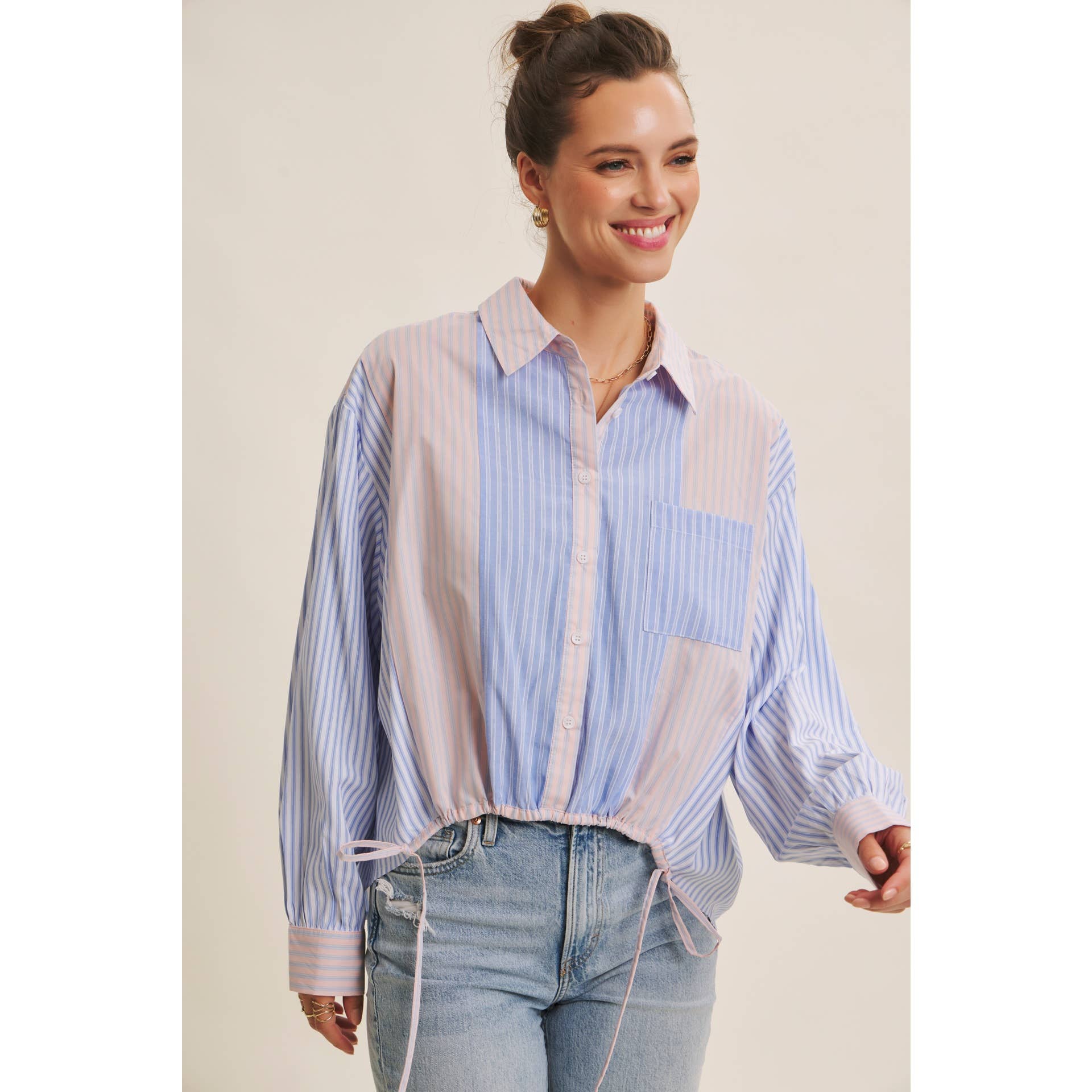 BLUE MULTI CLASSIC MEETS PLAYFUL STRIPE MIX DRAWSTRING WAIST SHIRT for wholesale on Faire5