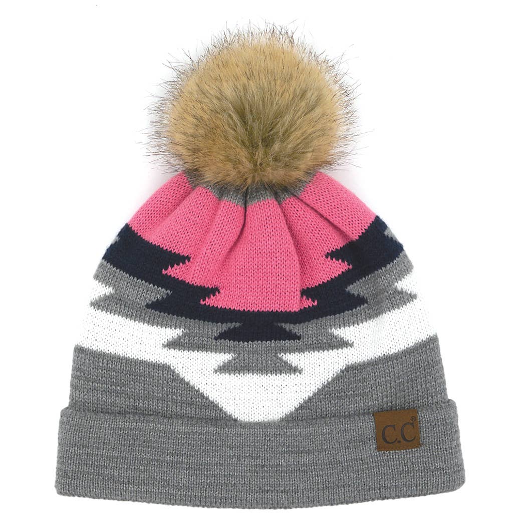 Fashion City - Wholesale Beanie - Women's - Aztec Pattern Beanie with Natural Pom-Pom2