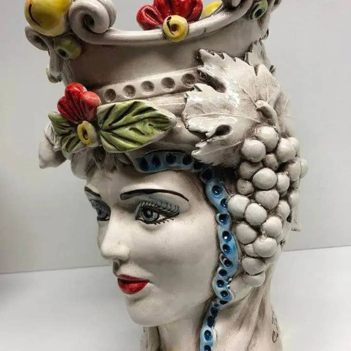 DD Ceramiche Siciliane - Vendita all'ingrosso Statuette decorative - Teste di Moro Classica Corona Sfere Giallo Ceramica Caltagirone cm H.28 L.20 Artigianale5
