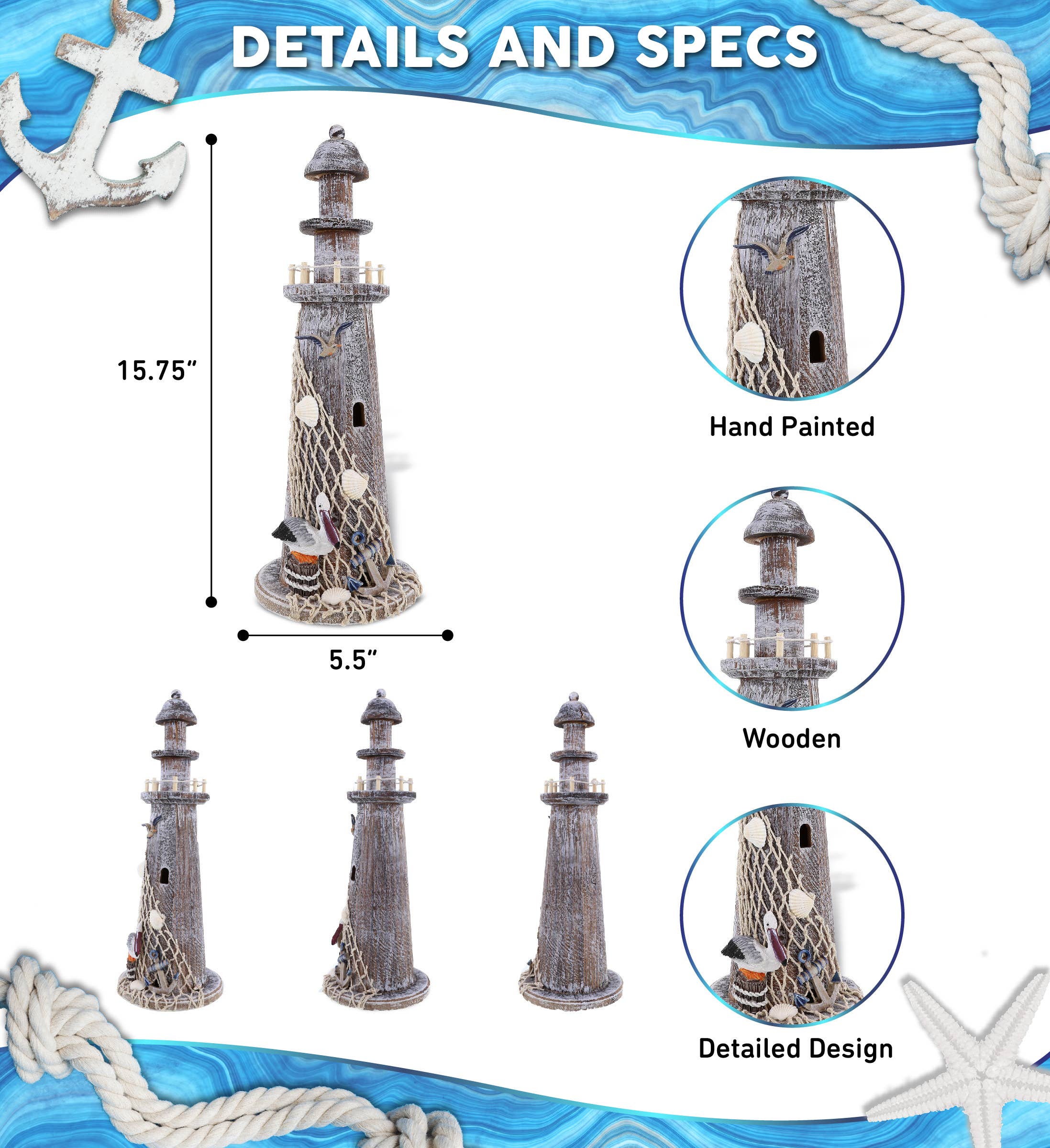 Cota Global - Wholesale Decorative Figurine - Nautical - Brown Wooden Lighthouse - Large1