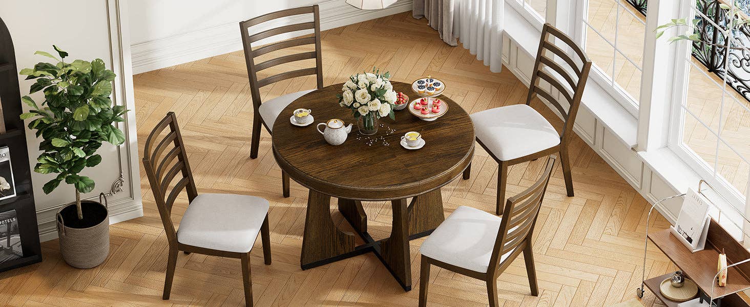 39F Inc. - Vente Salon de terrasse - Ensemble de salle à manger extensible rond en noyer de 5 pièces pour 4 personnes35