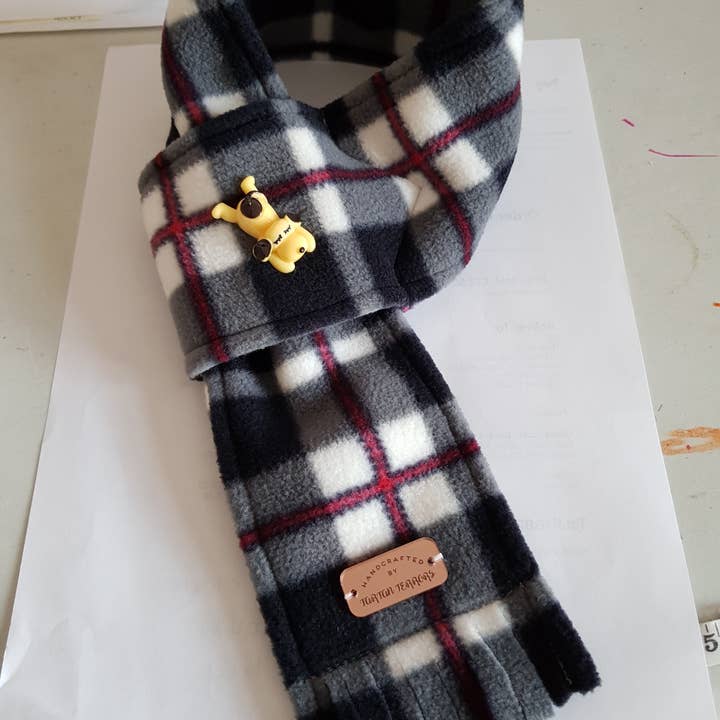Fleece Tartan Dog Scarf - Black, White, red tartan for wholesale by Tartan Terrors