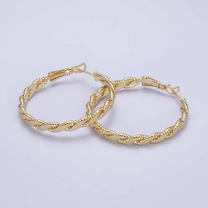 Gold Filled 35mm Textured Flat Twisted Hinge Hoop Earrings for wholesale by Aim Eternal