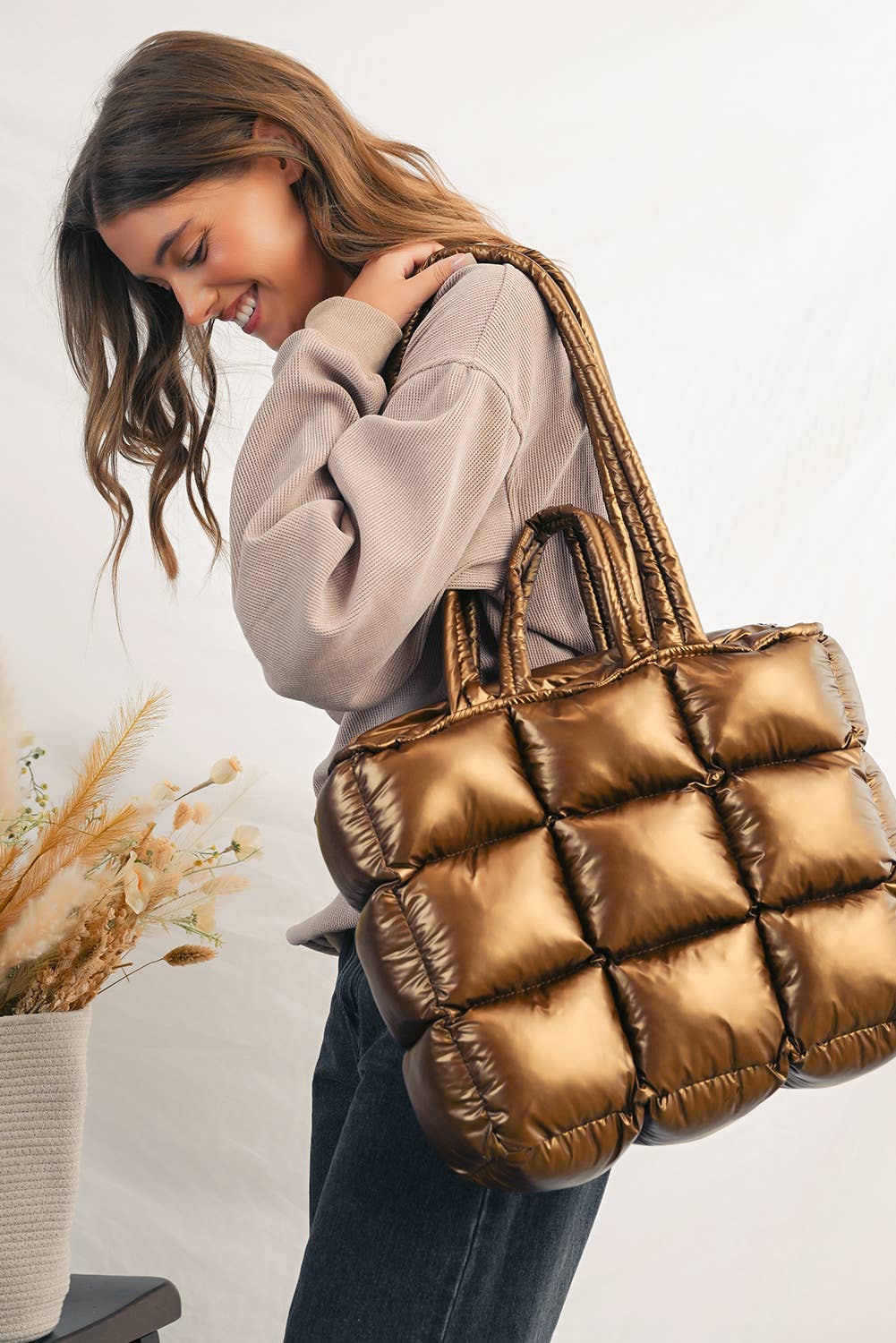 Gold Large Capacity Quilted Puffer Tote Bag | One Size for wholesale on Faire1