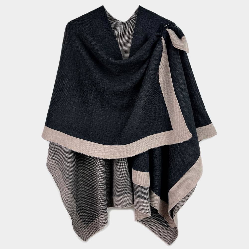 Sensibling Corp. - Wholesale Poncho - Women's - Bordered Ruana Poncho With Shoulder Strap2