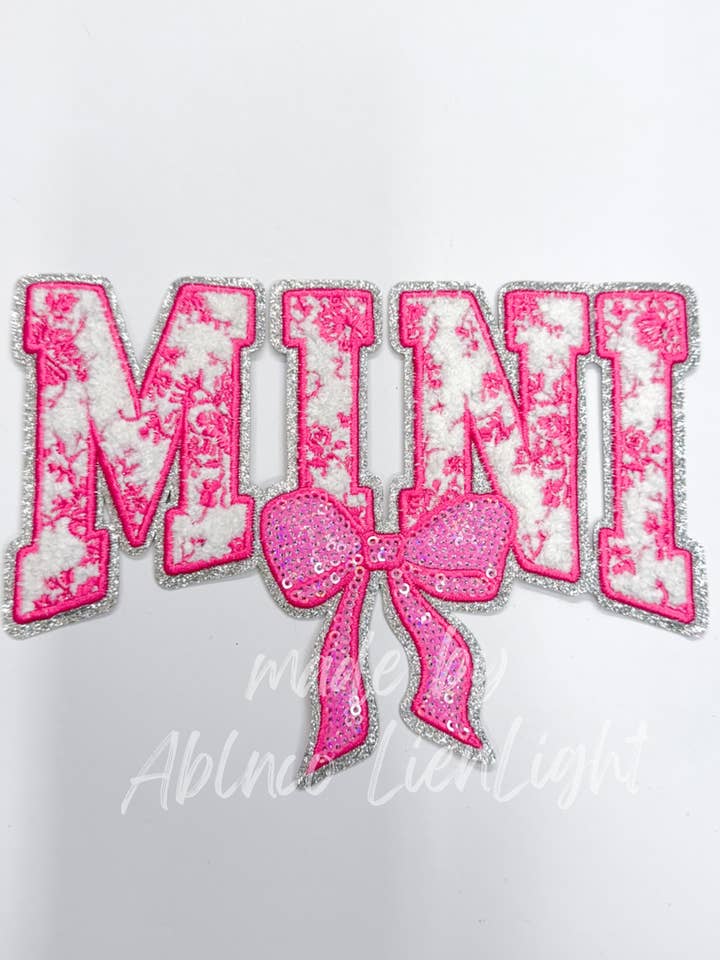 Pink Floral Mini Bow Sequins & Chenille Embroidery Patch for wholesale by ABLNco