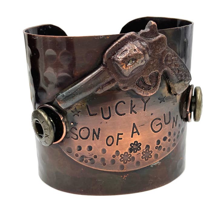 Lucky Son Of A Gun Wide Metal Cuff Bracelet for wholesale by Lunar Deer