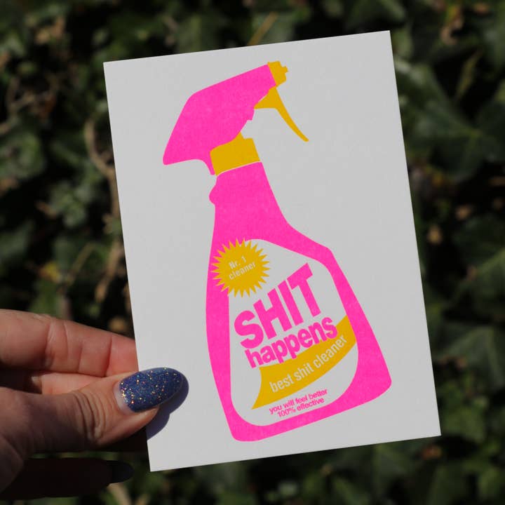 Studio Inktvis - Wholesale Encouragement Card - Shit Happens Cleaning spray bottle Risograph Postcard1
