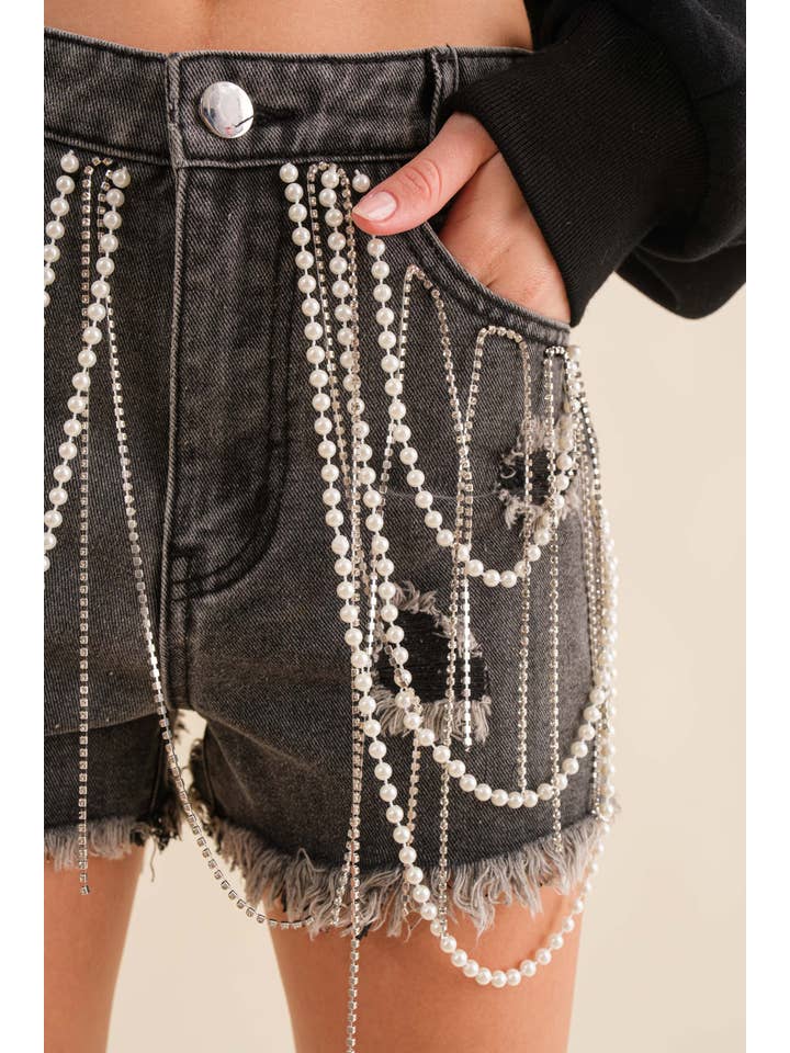 Blue B - Wholesale Shorts - Women's - 80014P - High Waist Rhinestone & Jewel Fringe Detail Shorts