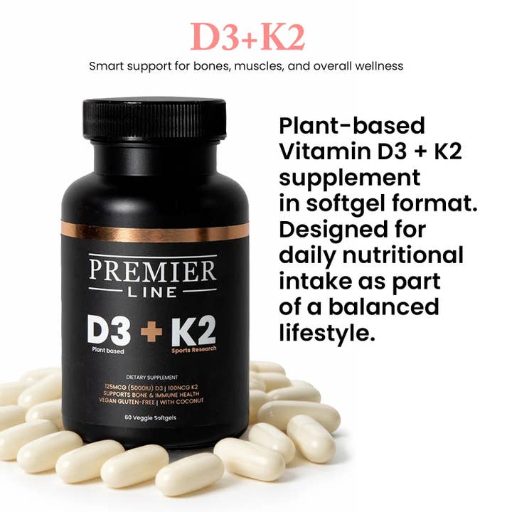 Vitamin D3 + K2 Supplement – Plant-Based Softgels (60 servings) for wholesale by Premier Line