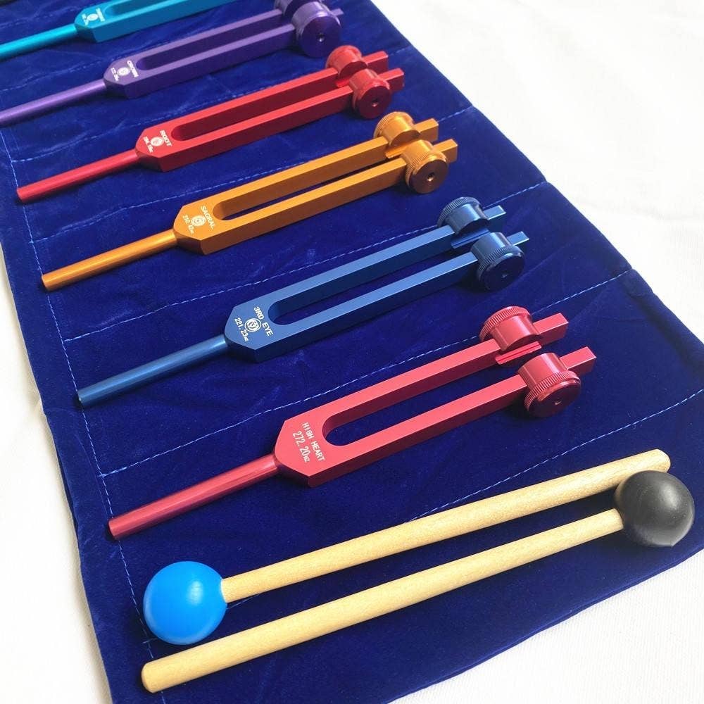 VIGOR – wholesale Meditation supplies – Chakra Tuning Fork Set for Healing, 7 Chakra and 1 Soul Purpose Weighted Colorful Solfeggio Tuning Forks, Aluminum Alloy With Rubber Mallet, Wrench, Cleaning Cloth And Exquisite Aluminum Box.(10 Pack)5