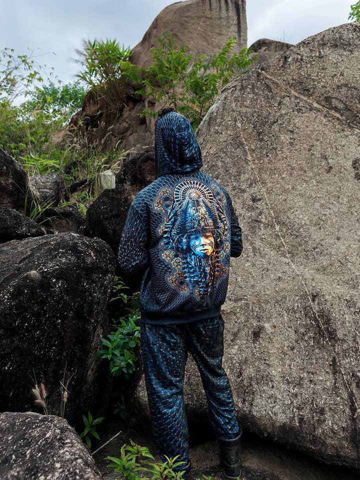 Sweat à Capuche Géométrie Sacrée | Sweat à Capuche Fractal | Vêtements Psy | Sweat à Capuche Festival | Pull Psychédélique | Esprit Tribal Shipibo (HD) pour la vente par Mystic Mind