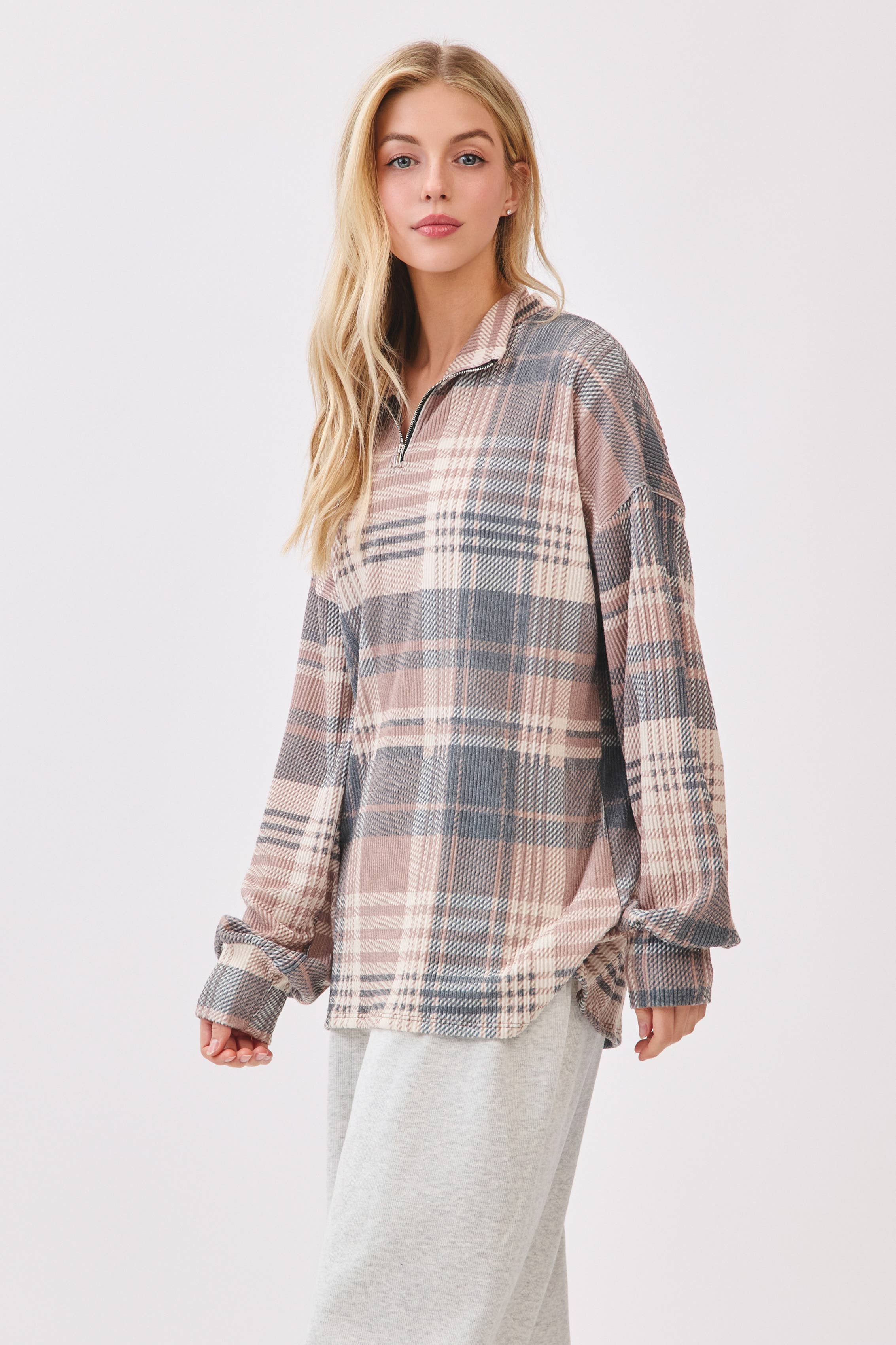 As shown TL2091 Plaid Quarter-Zip Pullover  for wholesale on Faire3