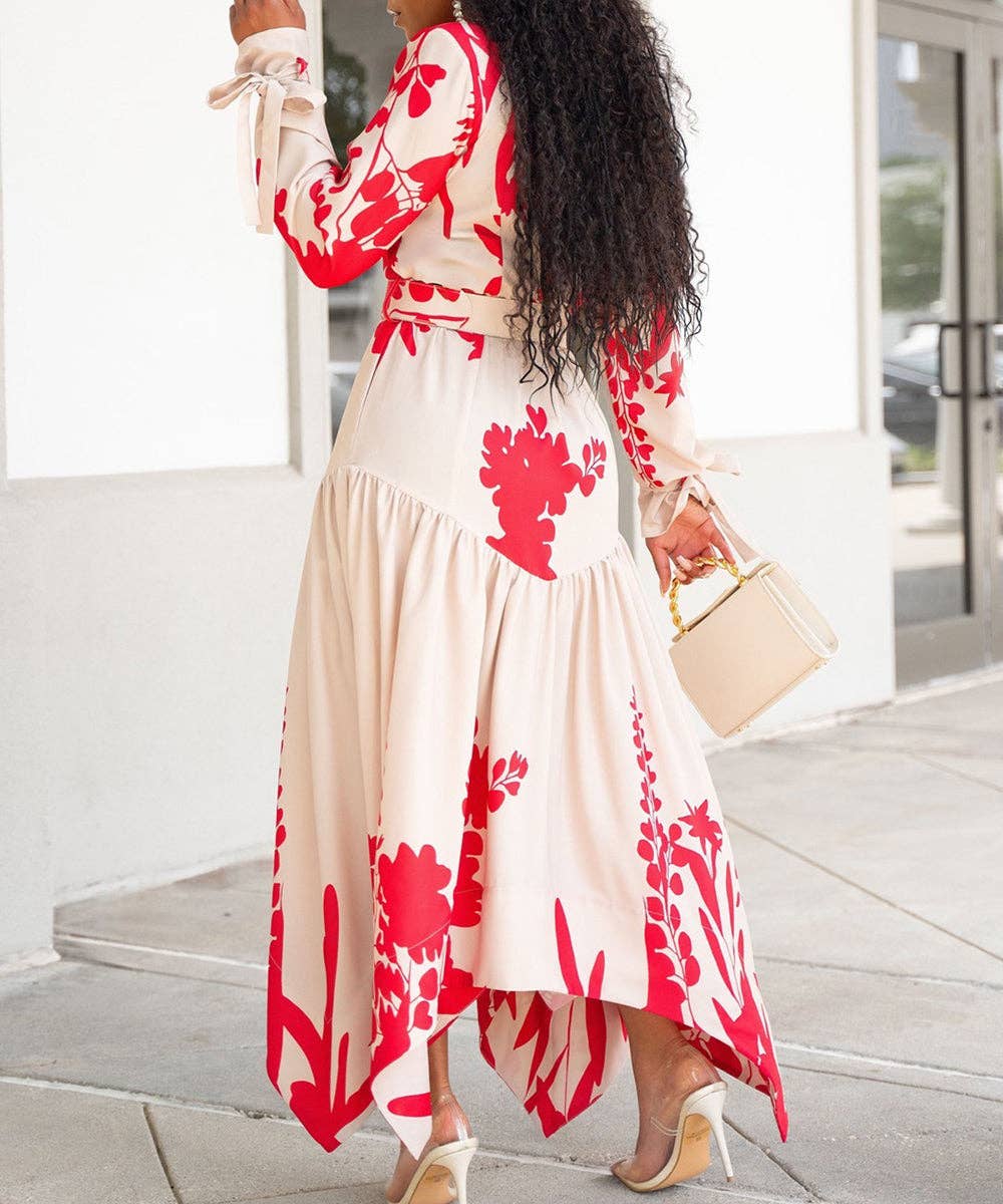 Red Draped Cowl Neck Print Maxi Dress for wholesale on Faire2