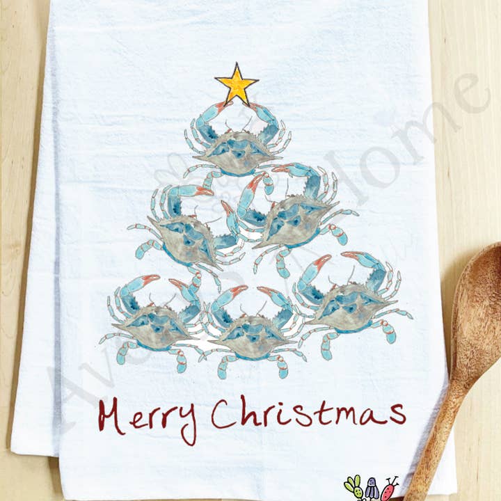 Crab Christmas Tree Coastal Beach Customizable Tea Towel for wholesale by Avery's Home