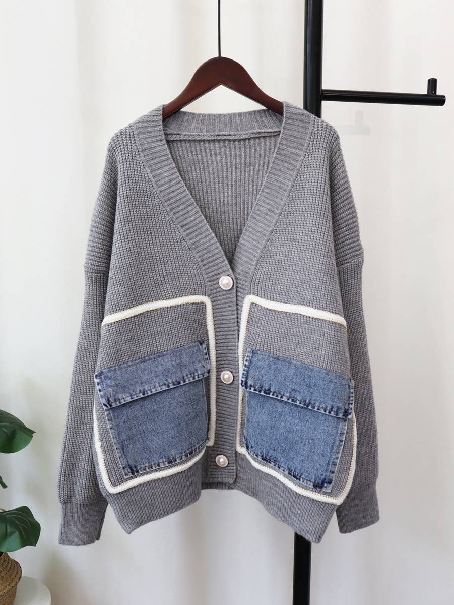 HIDDENBRAND - Wholesale Cardigan - Women's - Elegance Vintage Denim Pockets Sweater Cardigan1