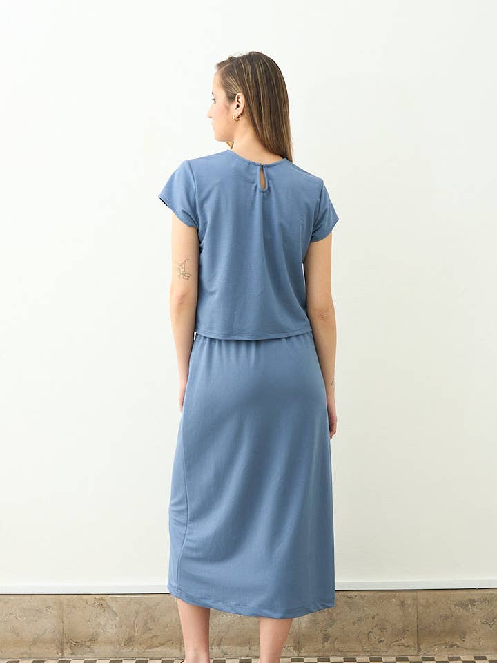STEEL BLUE KNIT WRAP SKIRT for wholesale by Cottyfish