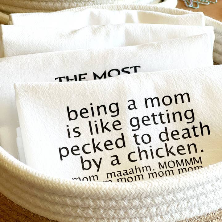 Pretty Clever Words - Wholesale Tea Towel - Being a mom is like being a chicken-fun bar kitchen towel SM3