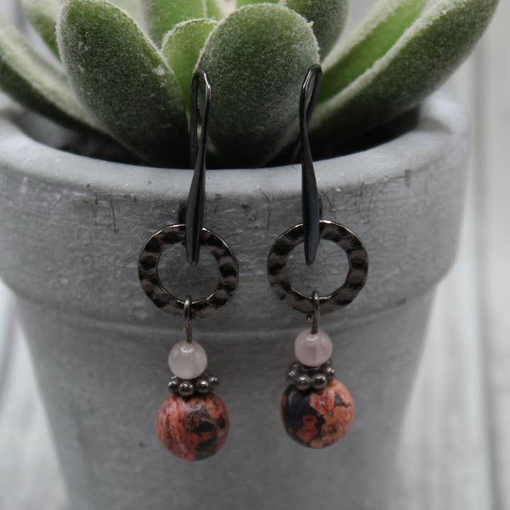 Red Snowflake Jasper & Rose Quartz Earrings with Gunmetal for wholesale by Harper House Studio