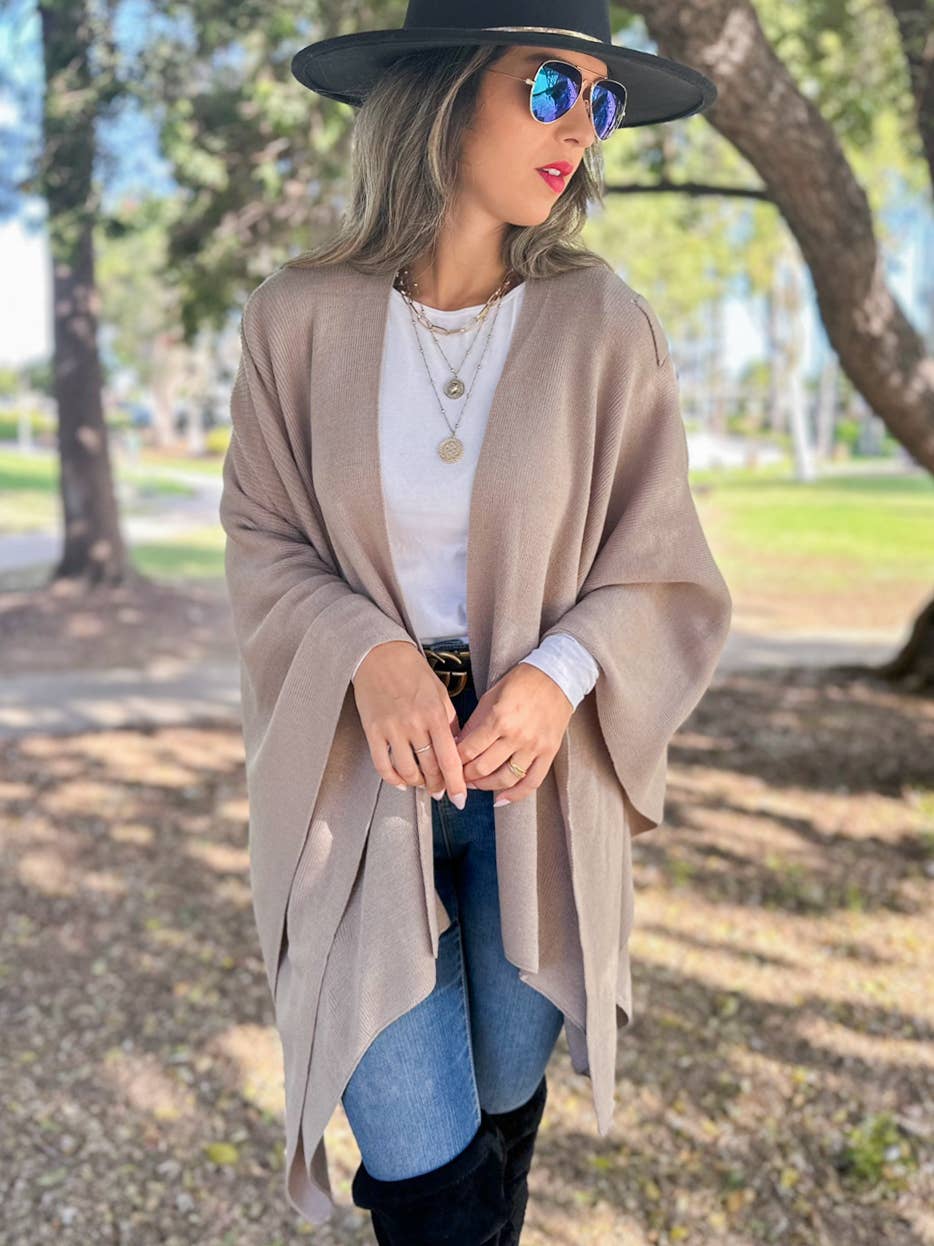 Taupe Solid Knit Ruana Shawl with Shoulder Strap for wholesale on Faire5