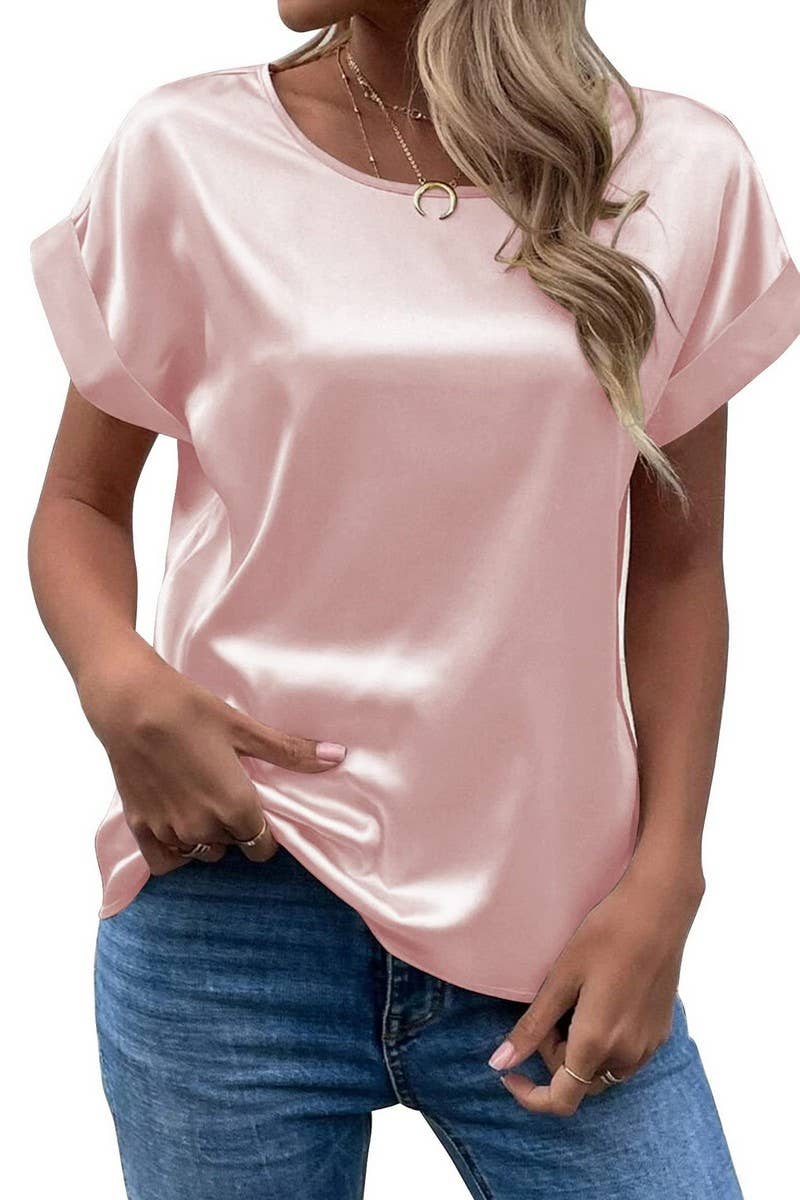 NINEXIS - Wholesale Blouse - Women's - CWTBLS1775_SATIN ROUND NECK LOOSE SHORT-SLEEVED TOP4