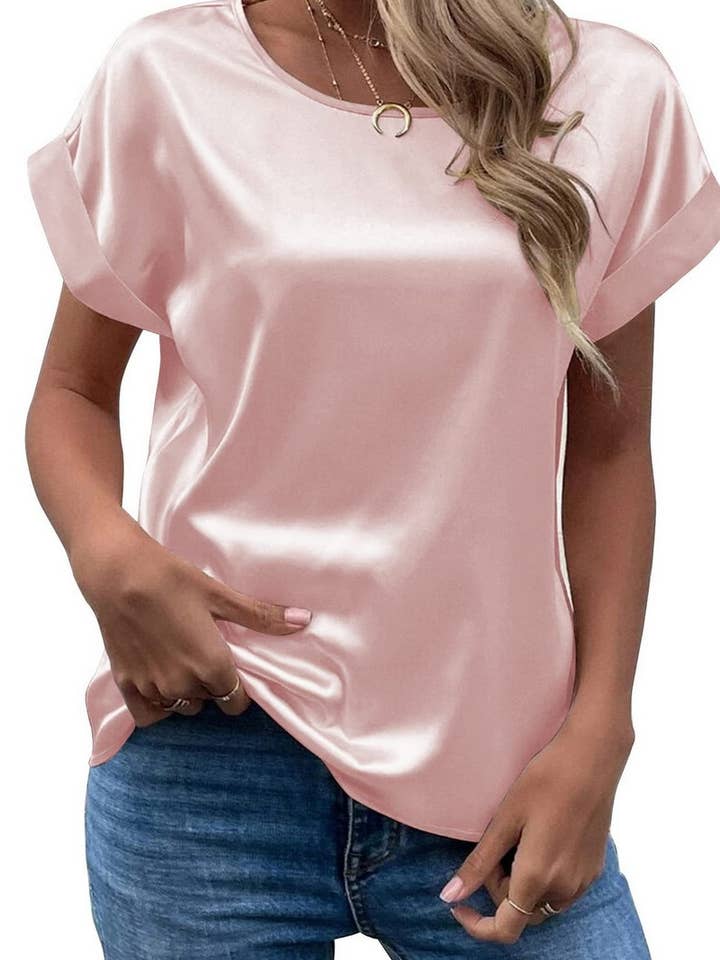 NINEXIS - Wholesale Blouse - Women's - CWTBLS1775_SATIN ROUND NECK LOOSE SHORT-SLEEVED TOP4