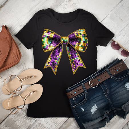 Coquette Mardi Gras Bow DTF Transfer for wholesale by Pretty Pop Transfers