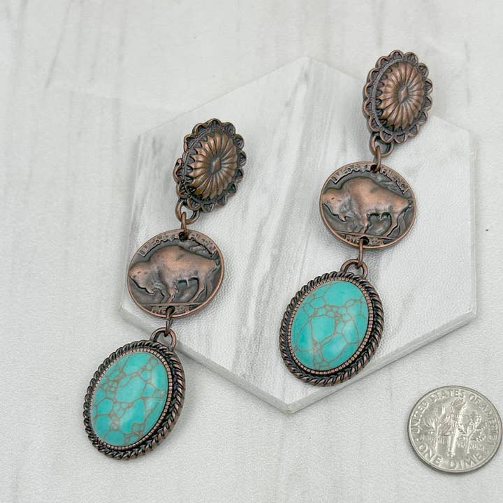 ERZ231205-26 Orecchini in metallo ramato con fiore e concho di bufalo con pietra ovale turchese blu per la vendita all'ingrosso da parte di Western Elite Jewelry