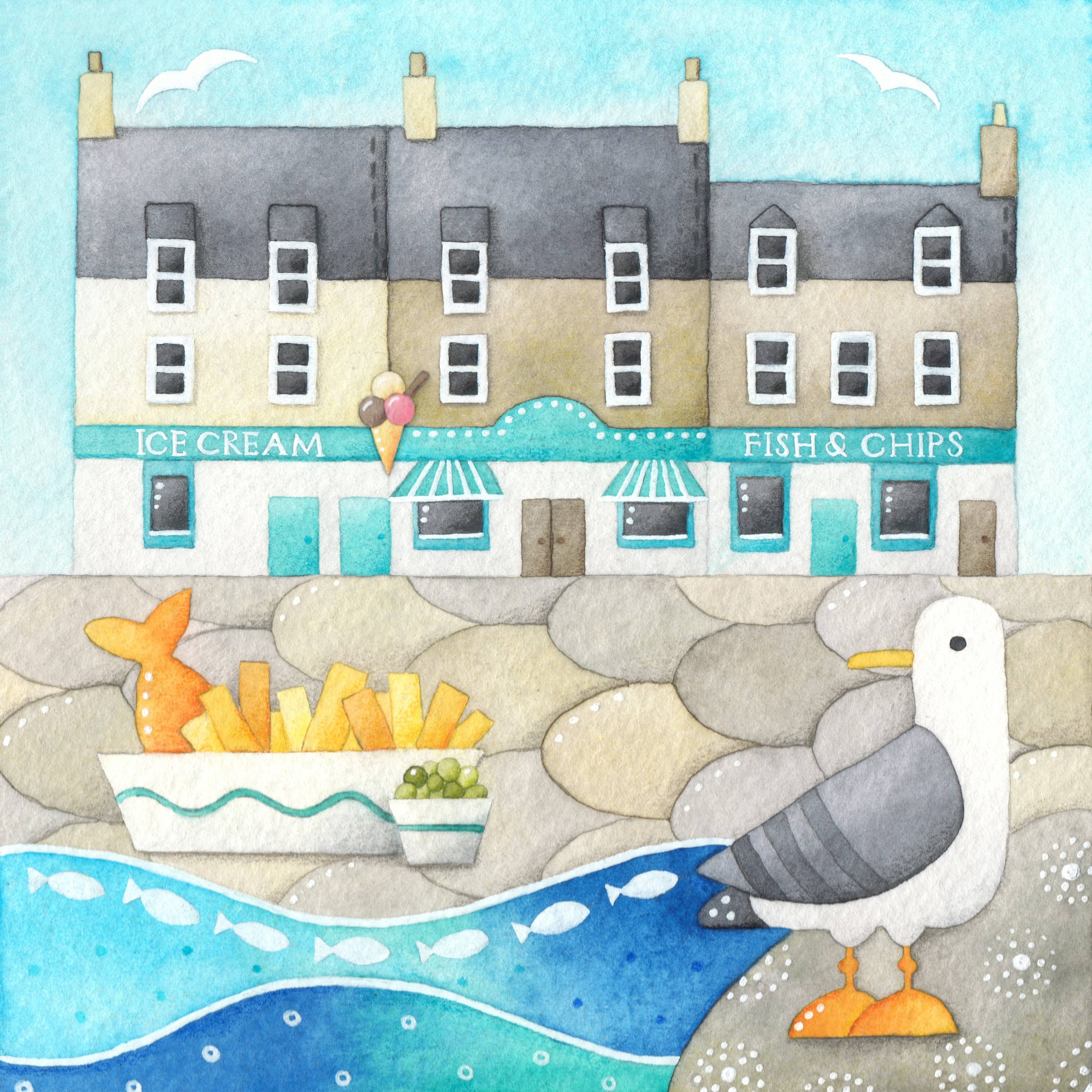 East Neuk Beach Crafts – wholesale Everyday greeting card – Seagull Greetings Card - Fish and Chips - Seaside Art1