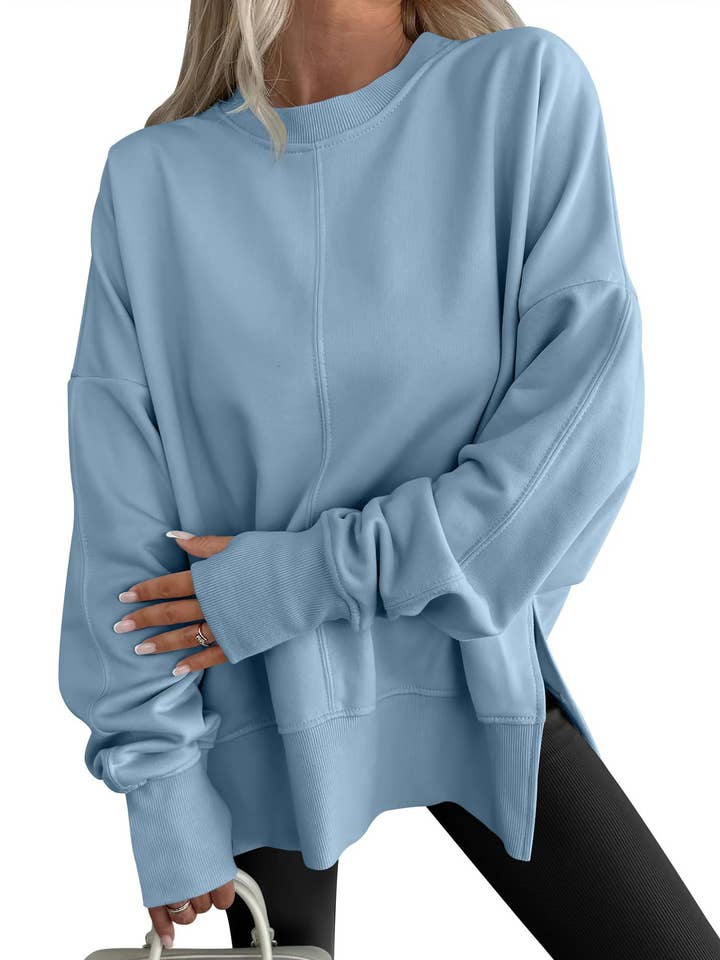 HIDDENBRAND - Wholesale Sweatshirt - Women's - Athleisure Side Slit Round Neck Long Sleeve Sweatshirt0