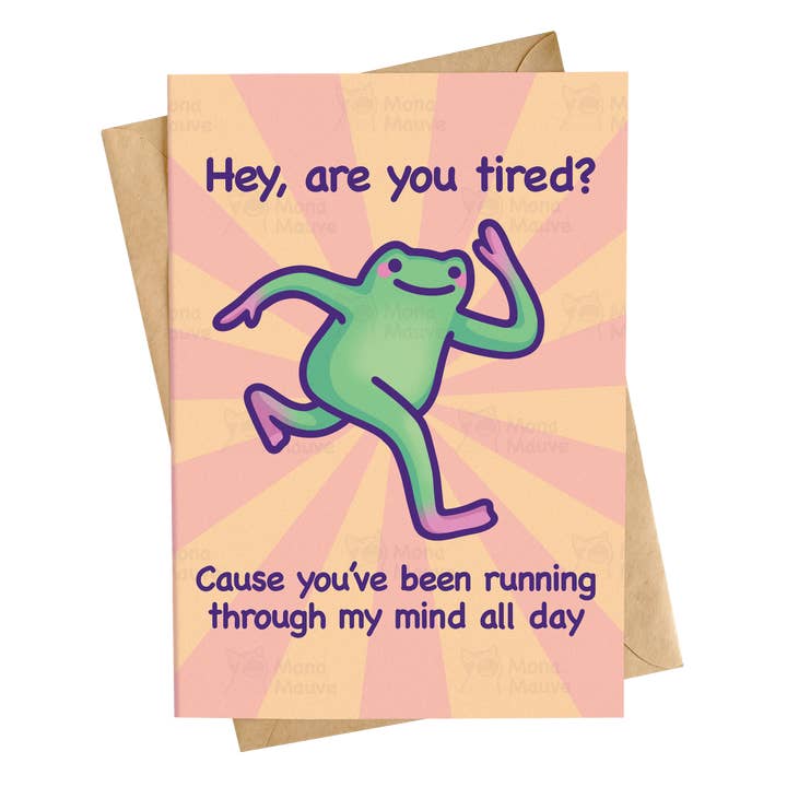 Mona Mauve • Silly Art! – wholesale Anniversary card – Running Through My Mind All Day | Fun Frog Anniversary Card