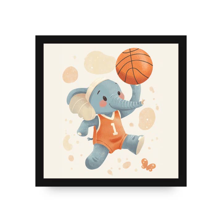 Eli the Elephant Dunker Framed Canvas by DLJ for wholesale by Dancing Littles Jungle