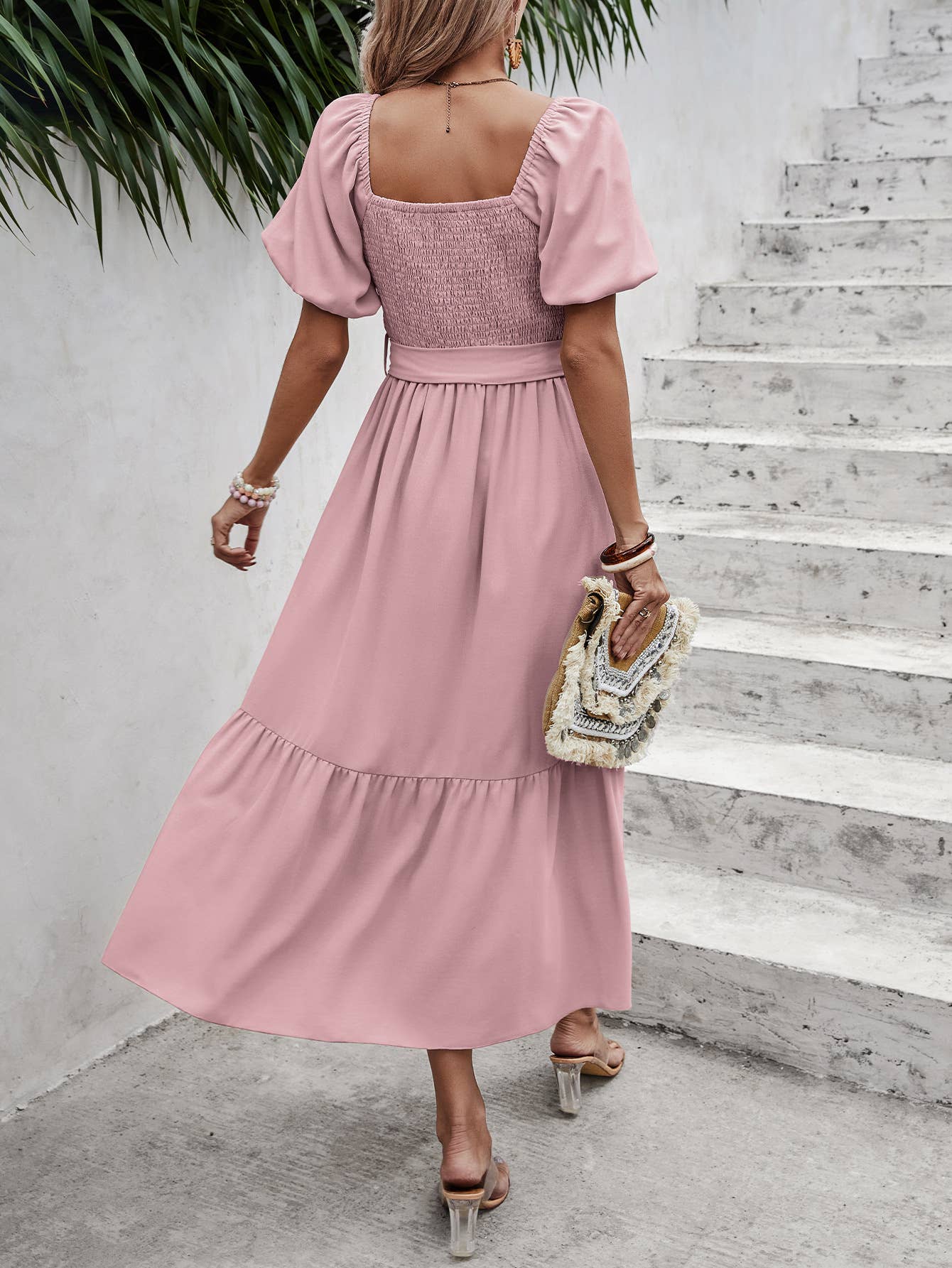 eLook - Wholesale Jurk - Dames - SZ1-DR1008 Midi-jurk met haakdetails en pofmouwen en riem8