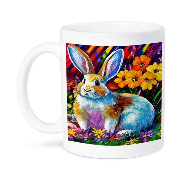 3dRose, Aantrekkelijk konijn in de tuin. Kleurrijke lentebloemen digitale kunst, Mok voor wholesale door 3dRose