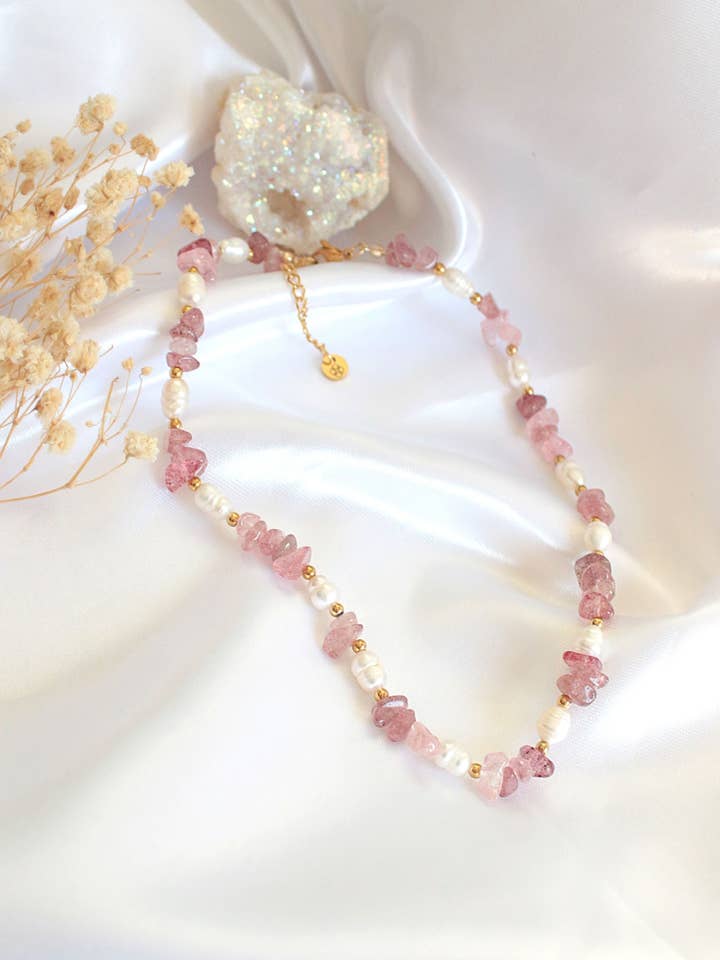 Natural Strawberry Quartz Crystal & Freshwater Pearls Choker for wholesale by Divine Dulcet