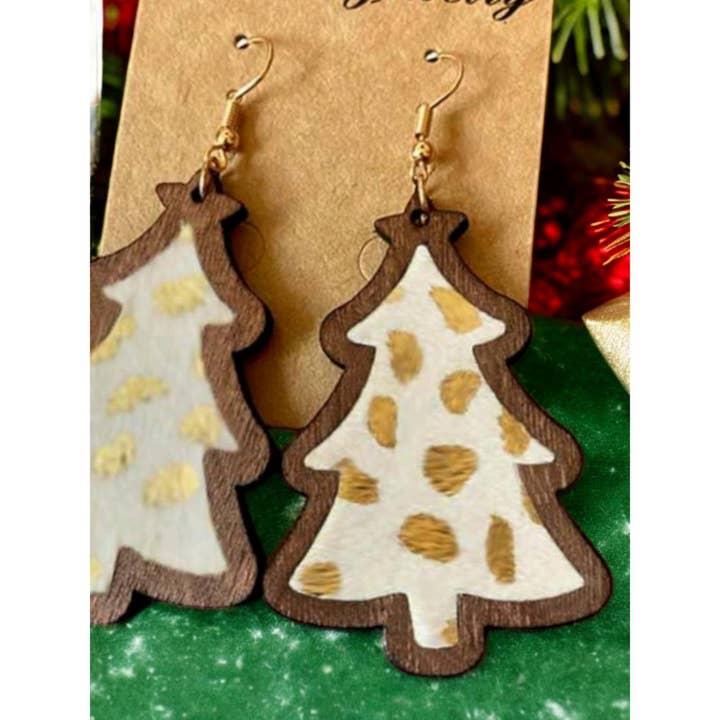 The Bling Barn - Wholesale Dangle earrings - Wood Christmas Tree Gold Fleck Earrings2