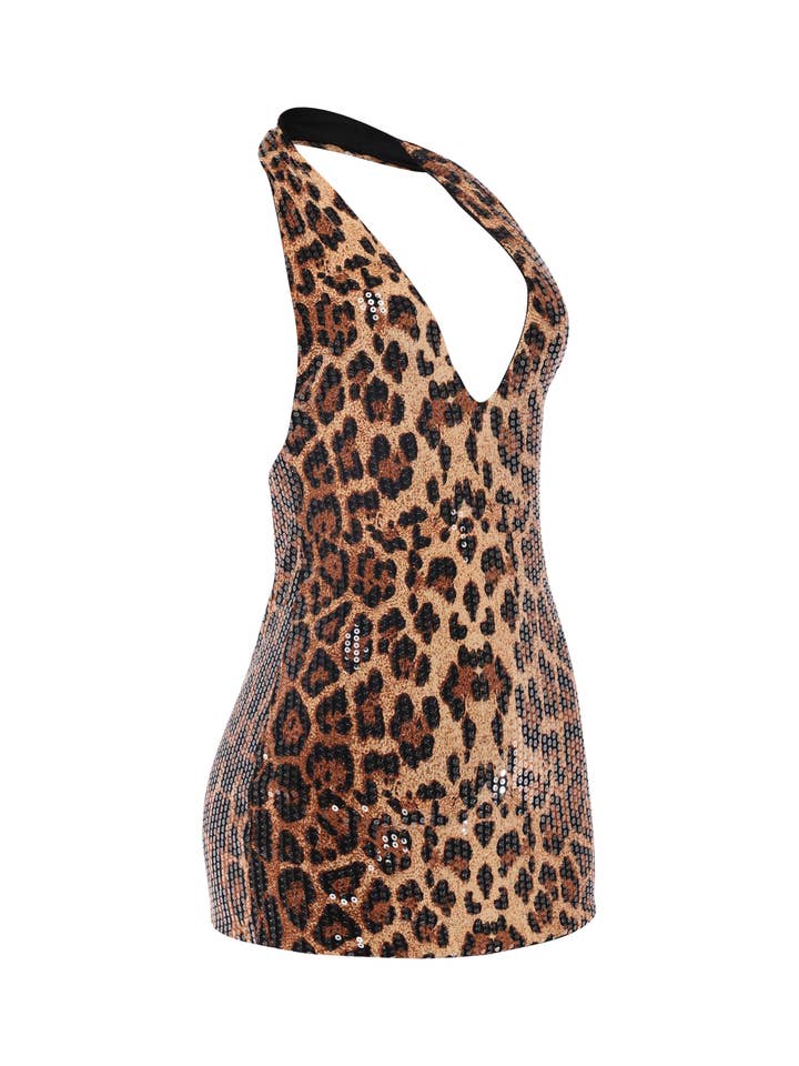 LÉOPARD Robe mini à sequins imprimé léopard avec dos nu en vente sur Faire1