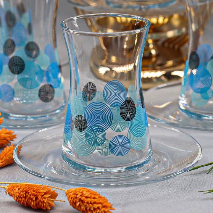 Hareli Blue Glass Turkish Teacups and Plates, 12 Pcs, 5.4 Oz for wholesale by Hakan